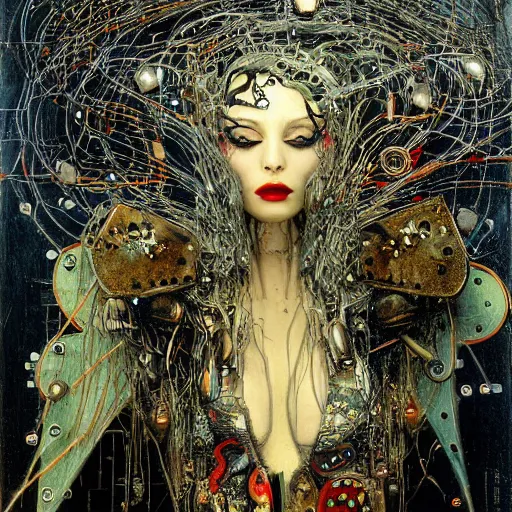 Image similar to winged cybernetic vampire trapped in circuitry, intricate detail, miro, royo, whealan, klimt,