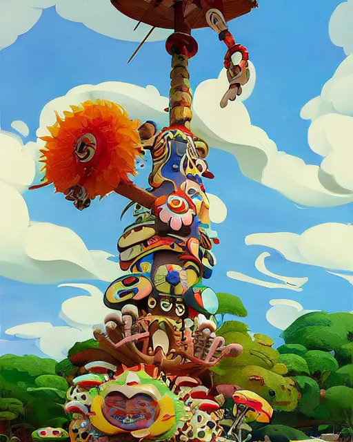 Prompt: a painting of a tribal tiki hut with a totem pole by its side, a surrealist painting by Takashi Murakami and by Naoto Hattori, Edward Hopper and James Gilleard, Zdzislaw Beksinsk, by Jesper Ejsing, by RHADS, Makoto Shinkai and Lois van baarle, trending on deviantart, pop surrealism, lowbrow, grotesque, whimsical