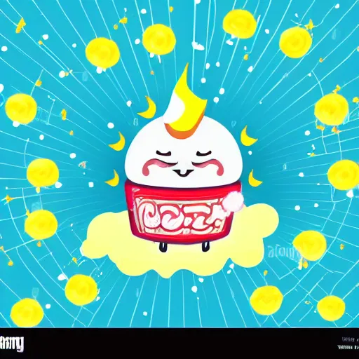 Prompt: kawaii wacky fluffy popcorn with lightning bolt power, yokai, in the style of a manga character, with a smiling face and flames for hair, sitting on a lotus flower, white background, simple, clean composition, symmetrical
