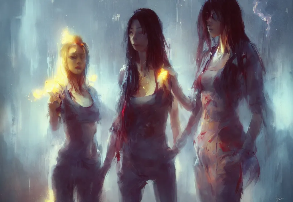 Image similar to full body portrait of a duo of 2 0 years old girl figures, messy hair, oriental tattoos, wearing dark tailored suits, beautiful, dramatic, cinematic lighting, phtalo blue, lemon, fire red, few vivid highlights, by greg rutkowski and jeremy mann and guweiz, oil on canvas, artstation, pixiv