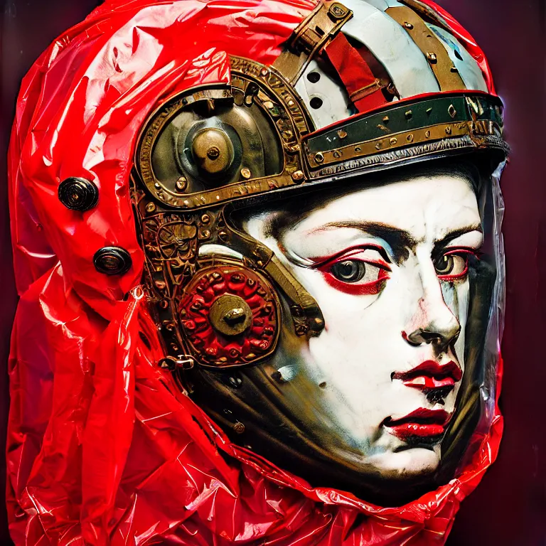 Image similar to portrait of a third reich soldier in ornate motorcycle dirt helmet in a helmet background red plastic bag, circuitboard,, rich deep colors, ultra detail, by francis bacon, james ginn, petra courtright, jenny saville, gerhard richter, zdzisaw beksinsk, takato yamamoto. masterpiece, elegant fashion studio ighting 3 5 mm