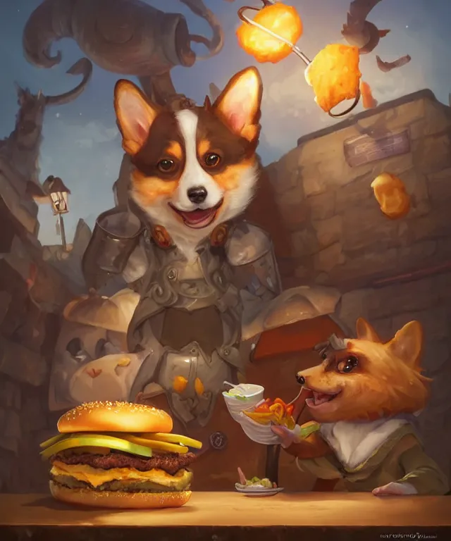 Image similar to a portrait of an anthropomorphic corgi cat eating hamburgers and fries, restaurant in background, cute and adorable, dnd character art portrait, well rendered matte fantasy painting, deviantart artstation, by jason felix by steve argyle by tyler jacobson by peter mohrbacher, cinematic lighting