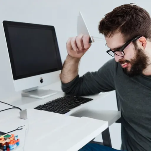 Prompt: guy with glasses and a short scruffy beard trying to fix a computer