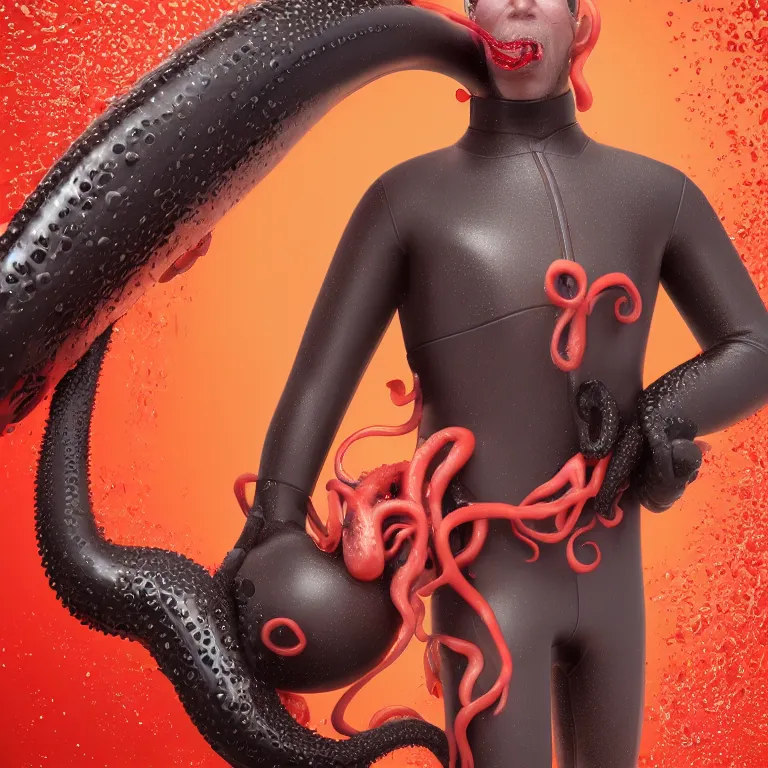 Image similar to octane render portrait by wayne barlow and carlo crivelli and glenn fabry, subject is a man in a wet suit with goggles on with giant long red detailed octopus tentacles coming out of his mouth, cinema 4 d, ray traced lighting, very short depth of field, bokeh