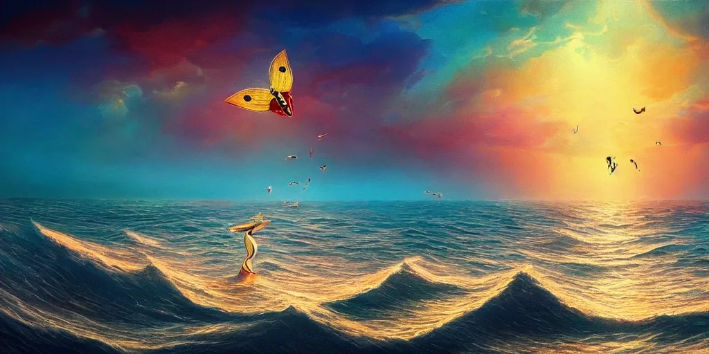 Image similar to If our moths where filled of praise like the sea, and our tongues joy like it’s manny waves we could never reach Your praise, surrealism, musical notes, beautiful sea landscapes, Very colorful painting 8k trending on art station, Intricate details, very realistic, cinematic lighting, volumetric lighting,