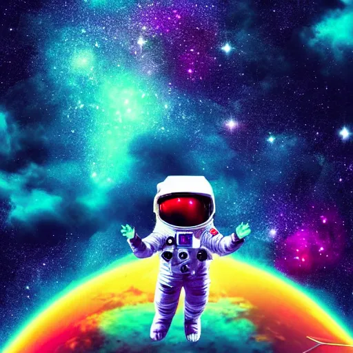 Image similar to An astronaut floating alone in space with a colorful complex galaxy in the background, digital art