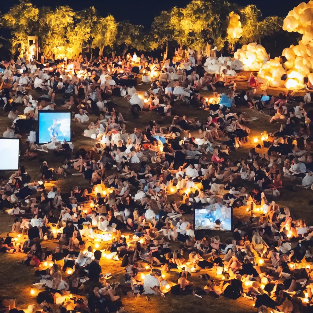 Image similar to outdoor cinema with giant popcorn at night