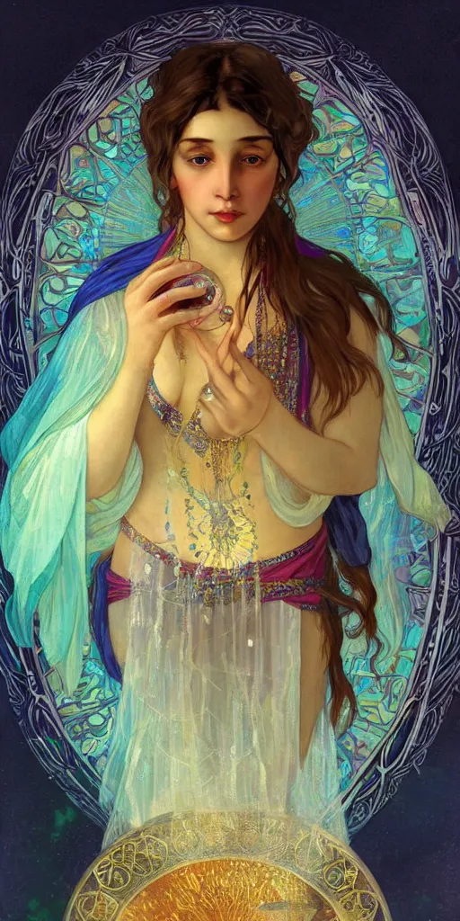 Prompt: a digital illustration of a fortune teller gypsy woman with a crystal ball in her hand, iridescent scaled skin, refraction and reflections, translucent, shawl, robes, scarf, artstation, painting by alphonse mucha and bouguereau and ruan jia and conrad roset