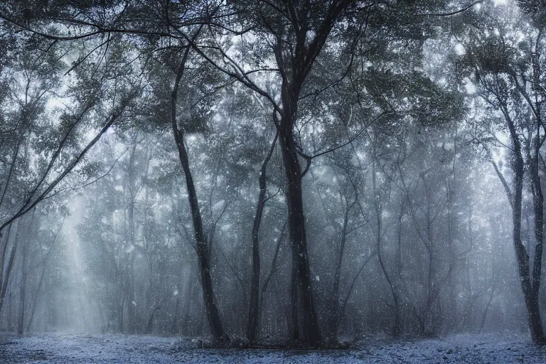 Prompt: portrait of crepe myrtle trees in a forest during a blizzard. golden hour. shadow and light. rays of light. energetic, dynamic, lively, detailed, intricate, complex. fine art by hayao miyazaki, akira toriyama, makoto shinkai, and ohara koson. studio lighting. tilt and shift lens. bokeh.