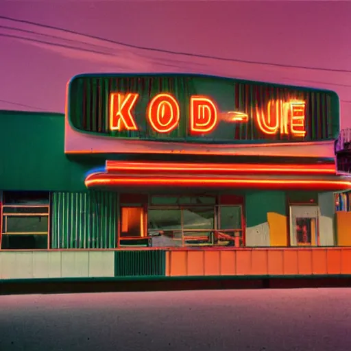 Image similar to kodachrome color photograph of a 1 9 5 0 s drive - in diner at night, neon - lights, googie architecture, americana