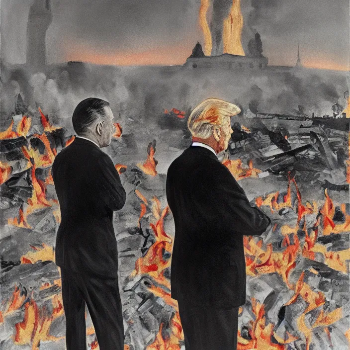 Image similar to United States President viewing the Capital Burn, 1958, Oil on Canvas, Antiwar, full body, dramatic, digital art