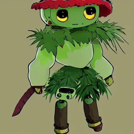 Image similar to cute robot made of plants wearing tomato hat and a chive sword, made in abyss style