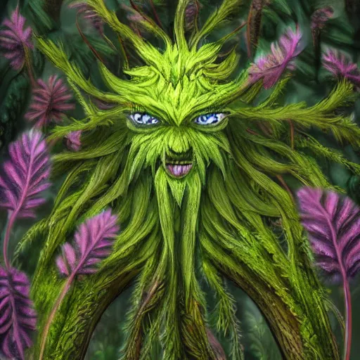 Image similar to A plant monster, highly detailed, digital art, sharp focus, trending on art station, leaves, moss, ferns, thistle, anime art style