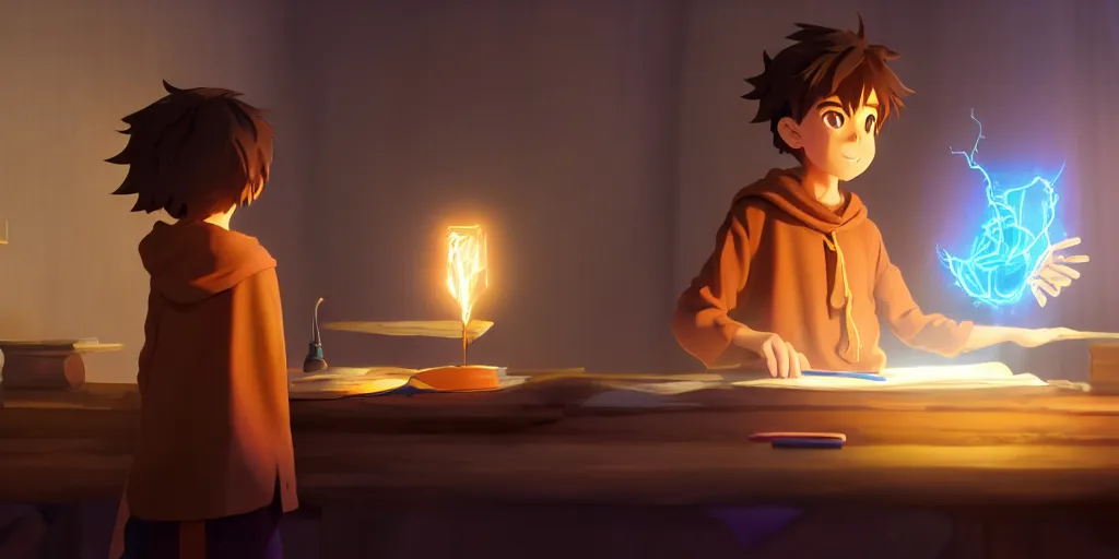 Prompt: a young boy mage with a brown cloak is standing at his desk working on a new spell, colorful, flowing energy, light rays, anime boy, boy, medium shot, waist up, pixar and disney animation, sharp, rendered in unreal engine 5, by greg rutkowski and makoto shinkai, bloom, dramatic lighting, cinematic