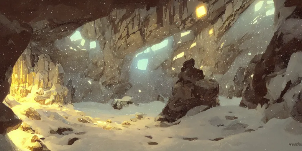 Prompt: ”snowy cavern with small shiny diamonds, light coming through, volumetric lighting, beautiful, by syd mead”