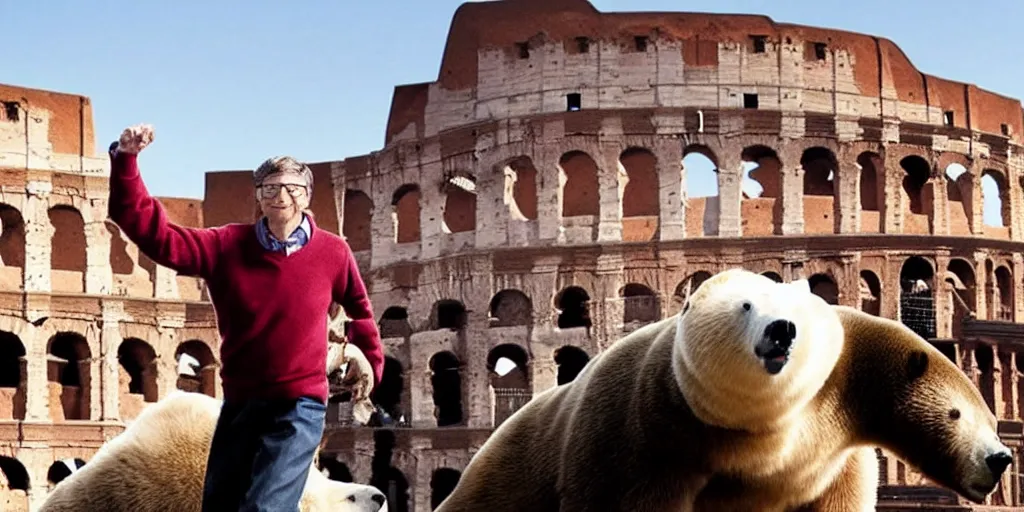 Image similar to Bill Gates is a face-uncovered gladiator and fights against a polar bear in the Colosseum. Film scene. Dramatic.