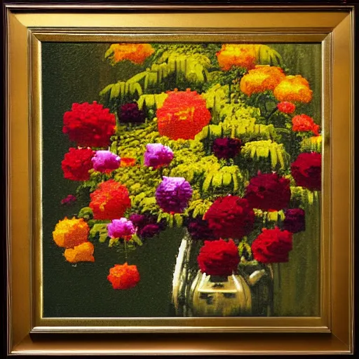 Prompt: a 8bit screen showcasing a photo of flowers, covered in oil painting, by phil hale