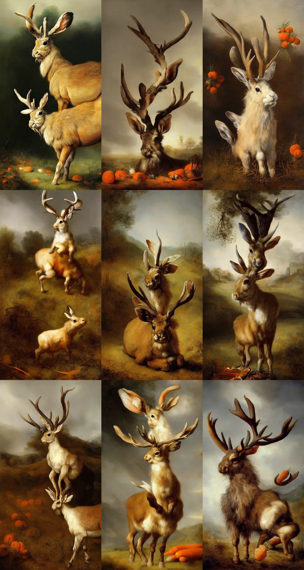 Prompt: beautiful painting by rembrandt, jackalope in a grassy field surrounded by carrots, white with black spots, happy, photo, trending on artstation