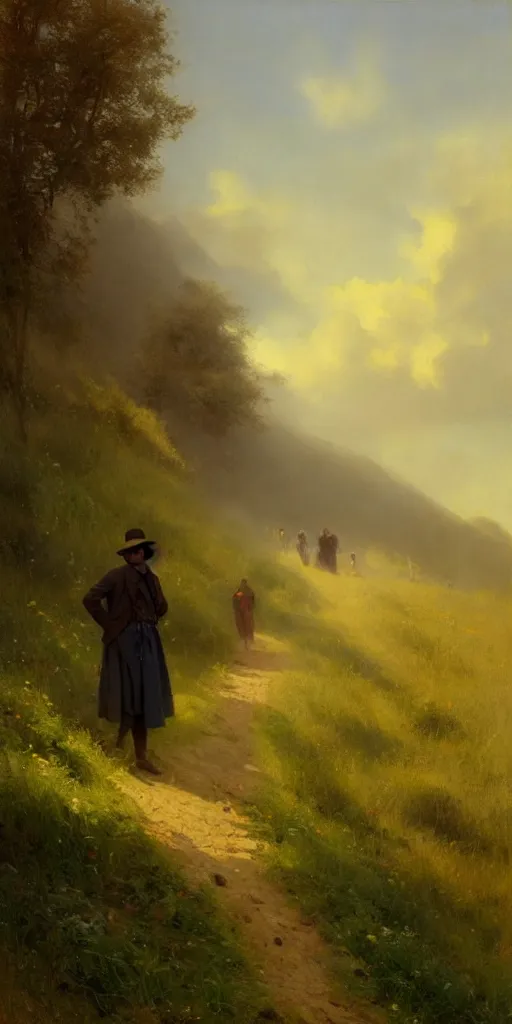 Image similar to a big hillside meadow in 1 9 4 0 with blue light on, sunny day, a men stand up on the road, mystical orange fog, oil on canvas, art by andreas achenbach, clemens ascher, tom bagshaw and sabbas apterus,