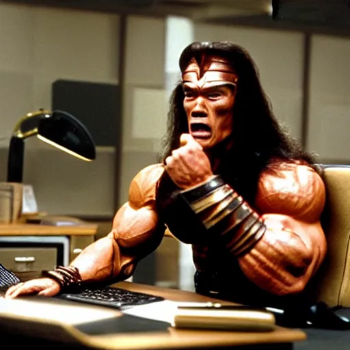 Prompt: actor arnold schwarzenegger as conan the barbarian sitting at a desk, as an office worker, in an office, inside an office building, sitting at a desk, angrily shouting at a laptop, angry at laptop, laptop computer, computer trouble, technical difficulties, software error, crisp lighting, corporate photography