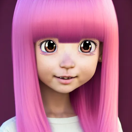 Image similar to A portrait of Nikki from Shining Nikki and Love Nikki, a cute 3d cgi toon young woman with long light pink hair, full bangs, hazel eyes, full round face, light makeup, pale skin, Chinese heritage, medium shot, mid-shot, hyperdetailed, 8k, trending on artstation, as a Pixar character