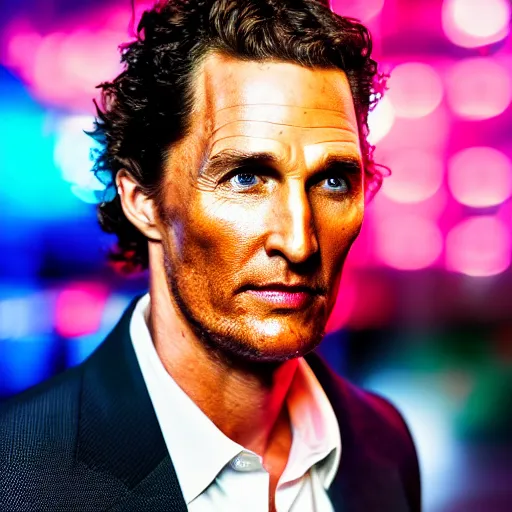 Image similar to a still of matthew mcconaughey . Shallow depth of field. City at night in background, lights, colors ,studio lighting, mood, 4K. Profession photography