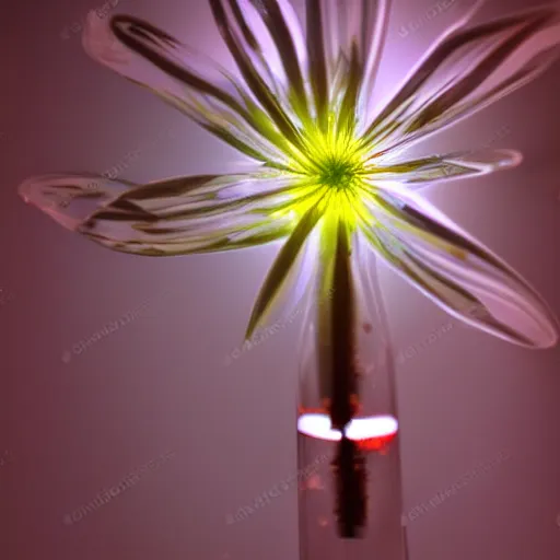 Prompt: lights refraction over a blooming flower in a lab glass test tube