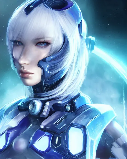 Image similar to perfect android girl on a mothership, warframe armor, beautiful face, scifi, futuristic, galaxy, nebula, bae suzy, dreamy, long white hair!!!, blue cyborg eyes, sharp focus, cinematic lighting, highly detailed, artstation, divine, by gauthier leblanc, kazuya takahashi, huifeng huang