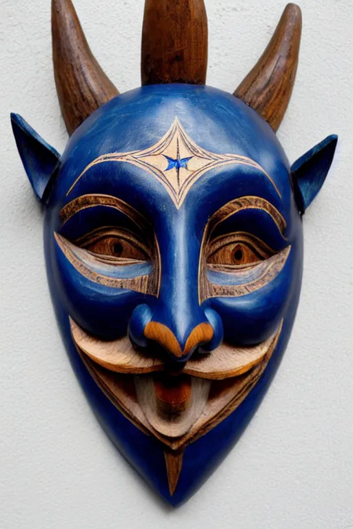 Prompt: a flat carved wooden elf mask face with staring real goat eyes and intricate ornate detail, floating against a dark blue background with stars shapes, vividly coloured, highly detailed, vintage european folk art, colour photograph