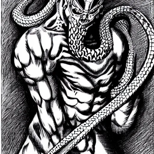 Prompt: a snake with a human face and human arms, serpent, kentaro miura art style