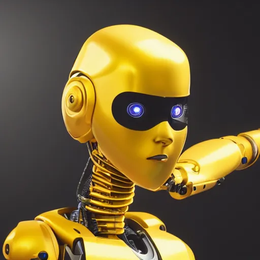 Prompt: still photo of a yellow robot, highly detailed, photorealistic portrait, bright studio setting, studio lighting, crisp quality and light reflections, unreal engine 5 quality render,