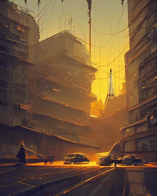 Prompt: beautiful painting of a cyberpunk paris inspired by phillipe stark, art by mike winkelmann, golden hour, illustration, highly detailed, simple, smooth and clean vector curves, no jagged lines, vector art, smooth, artstation