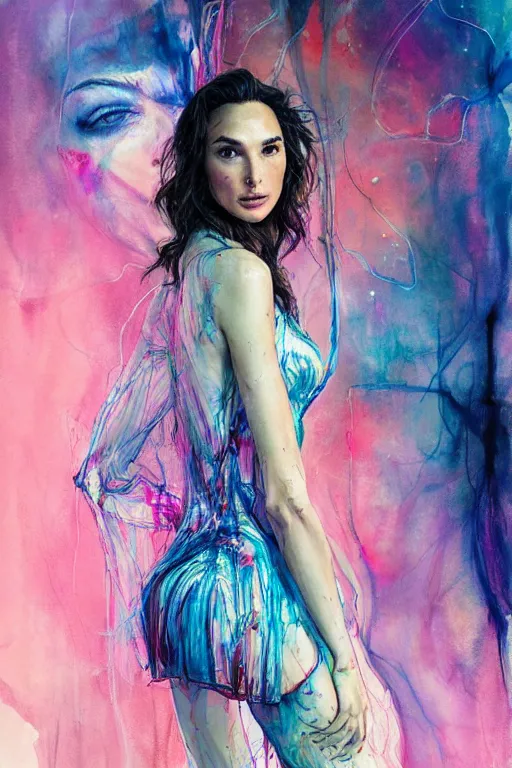 Image similar to gal gadot by agnes cecile enki bilal moebius, intricated details, 3 / 4 back view, full body portrait, extremely luminous bright design, pastel colours, drips, autumn lights