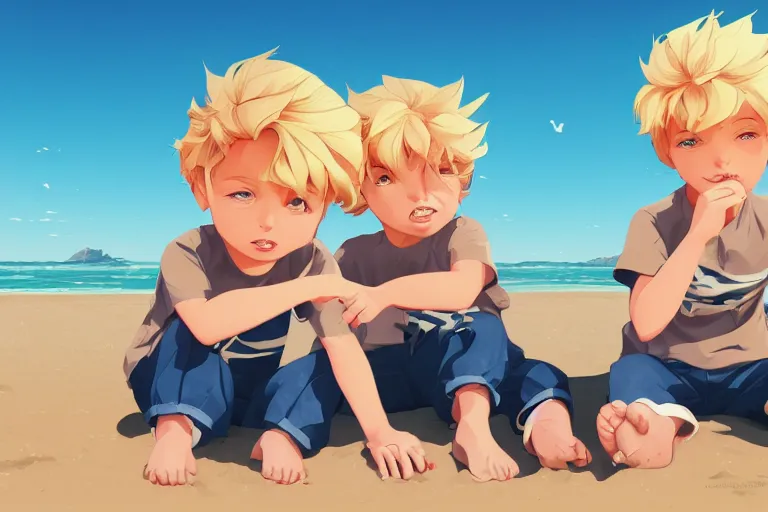 Prompt: two little boys with tousled blonde hair sitting on a beach clean cel shaded vector art by lois van baarle, by artgerm, by helen huang, by makoto shinkai, by ilya kuvshinov, by rossdraws, shutterstock, behance hd