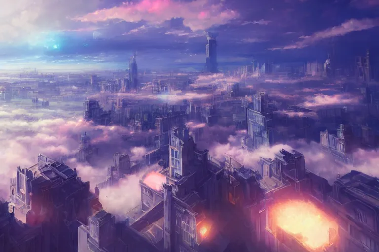 Prompt: a zoom shot ultra realistic city floating on clouds, colors, 8 k, hd, details, fantasy, epic, ancient city, landscape illustration concept art anime key visual trending pixiv fanbox by wlop and greg rutkowski and makoto shinkai and studio ghibli and kyoto animation symmetrical facial features