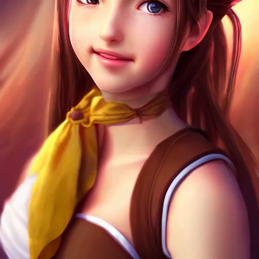 Image similar to portrait of aerith from final fantasy vii smiling, matte painting, ultra realistic, highly detailed, sharp focus, cinematic lighting, mood lighting, realistic, vivid colors, painting, photorealistic, digital art, non blurry, sharp, smooth, illustration