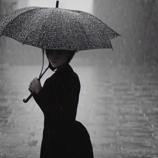 Image similar to heavy rain and a girl with an umbrella in black and withe