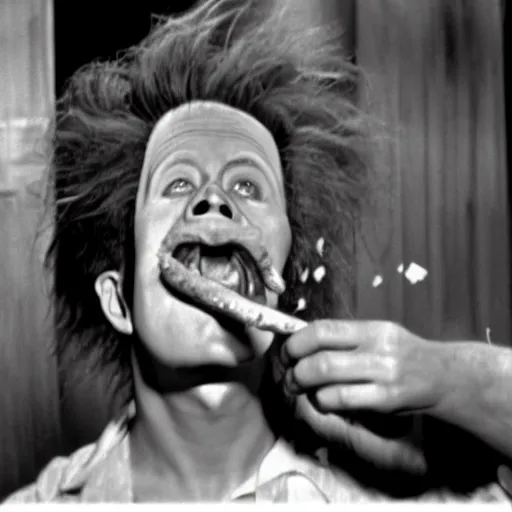 Image similar to photo of a man with bananas sticking out of his face, the ends of the bananas are exploding with firecrackers. Screenshot from Eraserhead. Cinematic 35mm motion blur film grain.