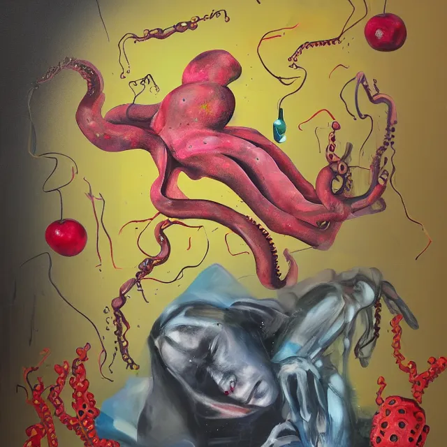 Prompt: acrylic and spray paint and oilstick on canvas, portrait of a female art student falling asleep, scientific research, crashcart, x - ray, sensual, blossom, squashed berries dripping, octopus, candlelight, neo - impressionist, surrealism