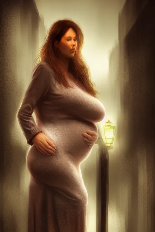 Image similar to pregnant woman under street light, highly detailed, sharp focused, ultra realistic digital concept art by Greg Olson