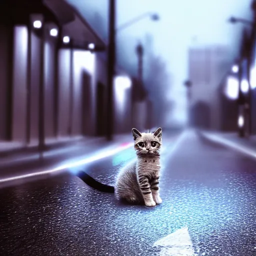 Image similar to kitten sits in the empty street on a rainy day, led lights around the place, digital painting, ultra detailed, unreal engine 5,