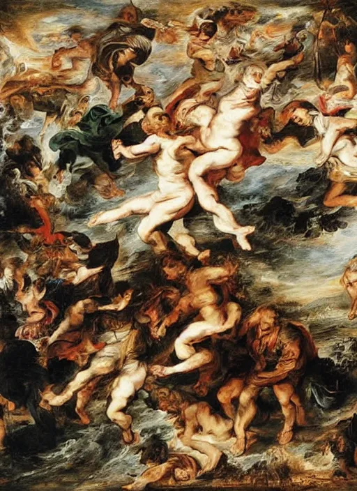 Image similar to painting, people falling off a playground, adventure playground, by peter paul rubens, style fall of the damned by peter paul rubens