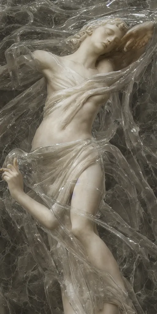 Prompt: a delicate renaissance marble sculpture covered with water veil, highly detailed transparent marble cloth, gi, global illumination, physically based rendering, photorealistic, top light, dark background by Edgar Maxence and Ross Tran