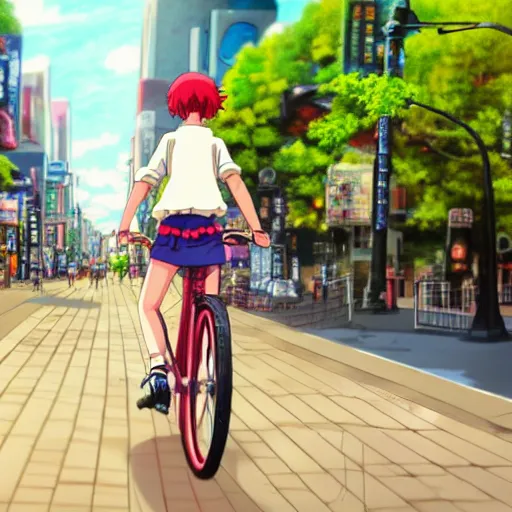 Image similar to anime girl riding bicycle in highly detailed akihabara, studio ghibli style, by hayao miyazaki, sharp focus, highly detailed, 4k