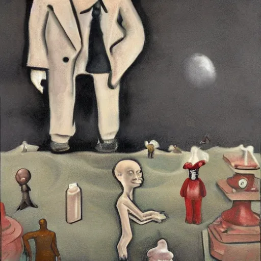 Prompt: phthalo, stock photo haunting by lois mailou jones, by george grosz. a beautiful street art of a small figure standing in the center of a dark, foreboding landscape. the figure is surrounded by strange, monstrous creatures, & there is a feeling of unease & dread.