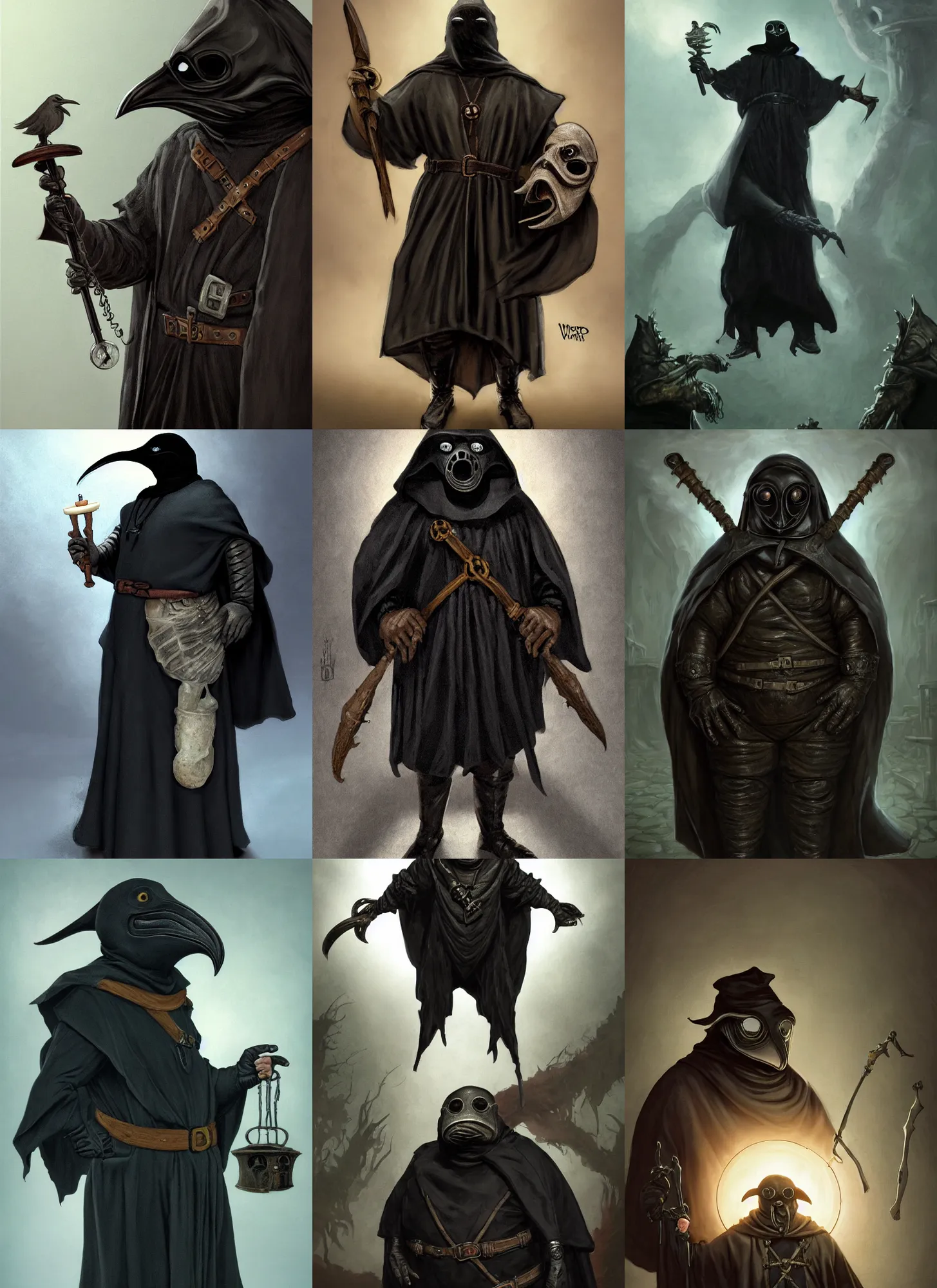 Prompt: a portrait, a chubby amphibious humanoid wearing a pointy bird style black plague doctor mask, short in stature, wearing black medieval robes, medical doctor, small vials and pouches attached to belt, pointy mask, style by donato giancola, wayne reynolds, jeff easley dramatic light, high detail, cinematic lighting, artstation, dungeons and dragons
