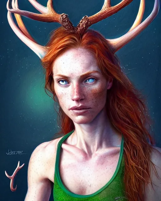 Prompt: female explorer, perfect face, thin antlers, green halter top, ginger hair, abs, cinematic, freckles, stunning, athletic, strong, agile, highly detailed, psychedelic, digital painting, artstation, smooth, hard focus, illustration, art by jessica rossier and and brian froud