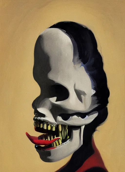 Prompt: portrait of a woman with half face skull, metal teeth upsidedown by Edward Hopper and James Gilleard, highly detailed