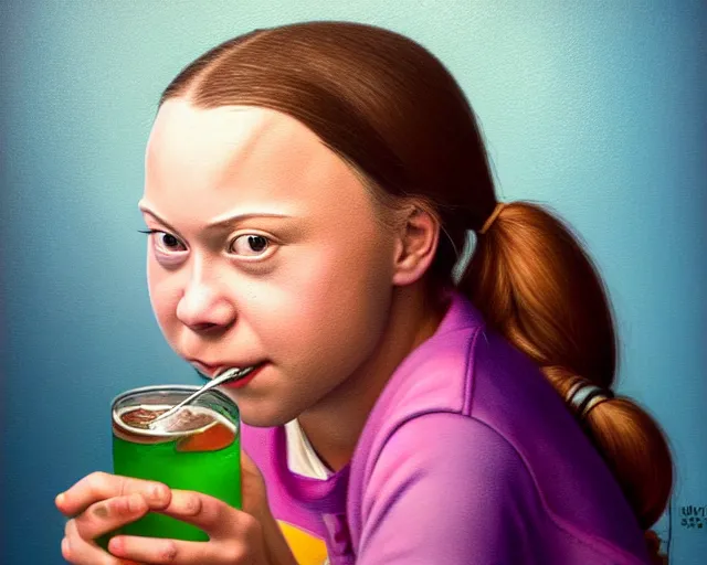 Prompt: closeup profile portrait of a greta thunberg drinking soda in a 1 9 5 0 s diner, nicoletta ceccoli, mark ryden, lostfish, max fleischer, hyper realistic, artstation, illustration, digital paint, matte paint, vivid colors, bright, cheerful, detailed and intricate environment