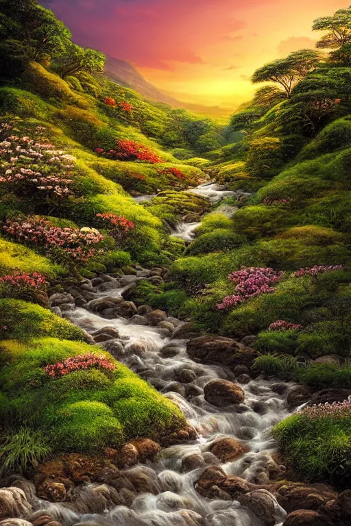 Prompt: matte painting of sunrise at the end of a verdant flower valley. A rocky stream runs along the valley floor. Beautiful swirling sunrise colours. Cyril Roland naomi okubo.